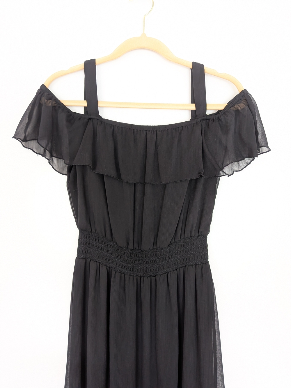 Tommy Hilfiger Black Chiffon Off Shoulder Midi Dress Size 6 Ruffle Smocked